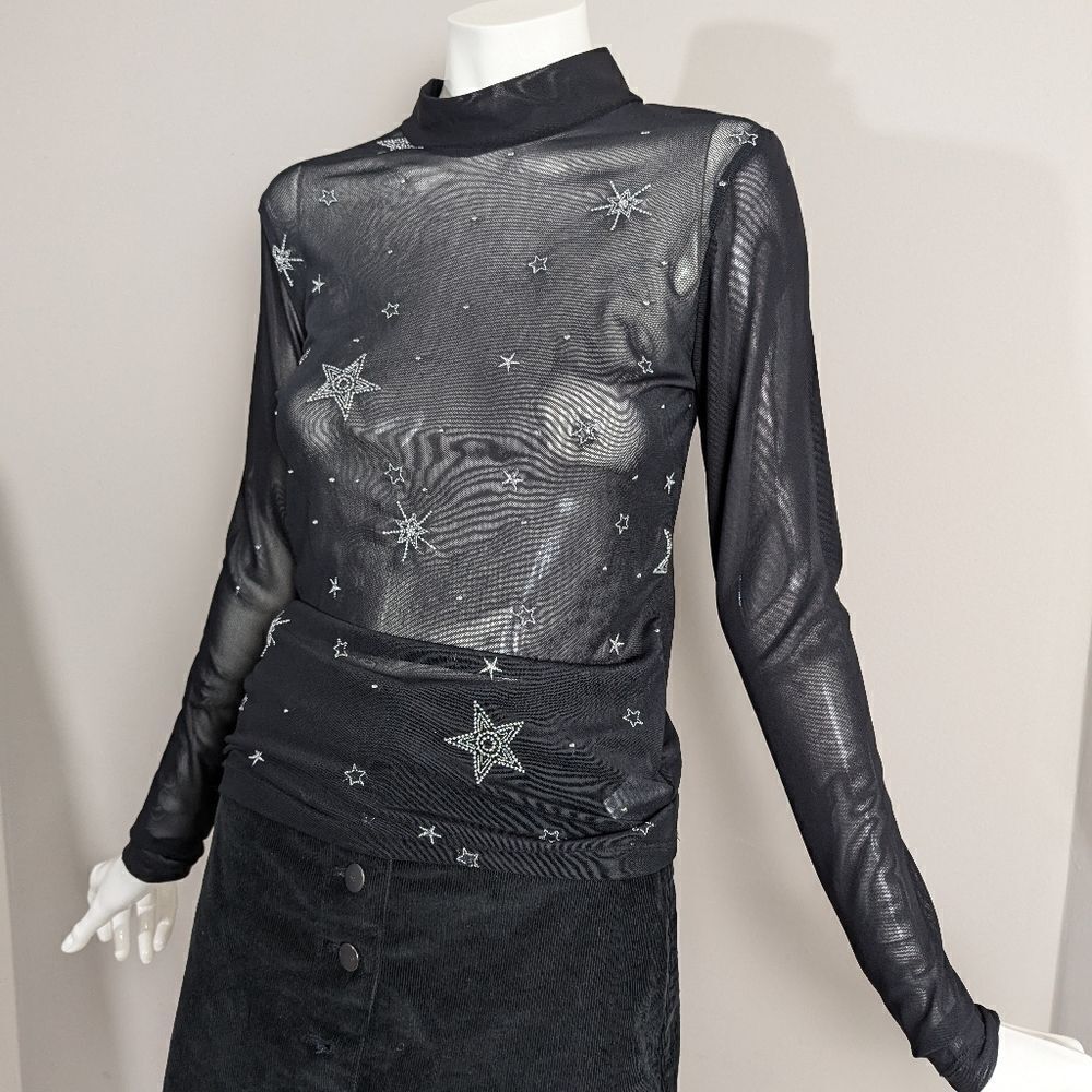 Black celestial mesh top stars embroidered stretch mockneck womens xs